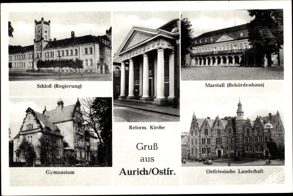 Ak Aurich in Oost-Friesland, kasteel, kerk, stallen, middelbare school, Oost-Fries landschap