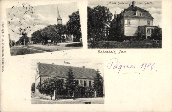 KP Hohenholz Krackow na Pomorzu Zachodnim, kościół, zamek od strony ogrodu, poczta