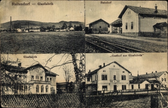 Postcard Rapotín Reitendorf Region Olomouc, train station, glass factory, inn