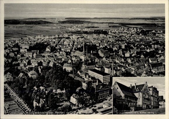 Ak Villingen Schwenningen in het Zwarte Woud, luchtfoto, uitzicht op de stad, patisserie Häring, huizen, straat