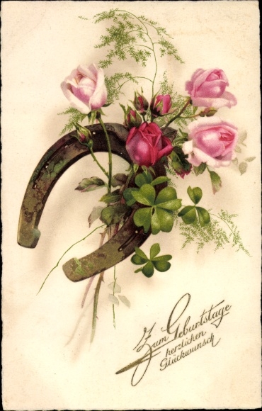 Ak gefeliciteerd verjaardag, hoefijzer, rozen, klavertje vier