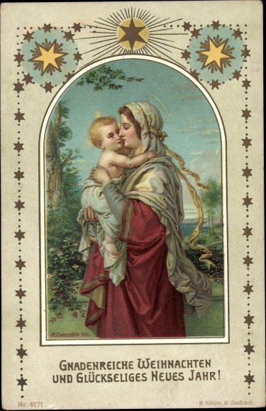 Postcard Merry Christmas, Happy New Year, Mary with baby Jesus, stars