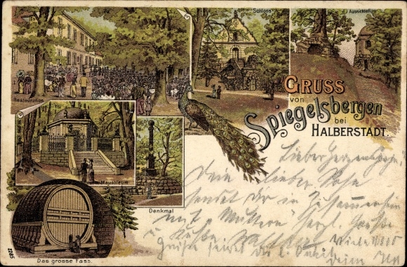 Chromo-Litho Halberstadt in Saxony Anhalt, Spiegelsberge, peacock, restoration, mausoleum, barrel