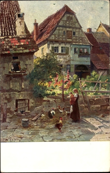 Kunstenaarskaart Thamm, Adolf, Besigheim in de wijk Ludwigsburg, oude huizen, vrouw met kind, kippen