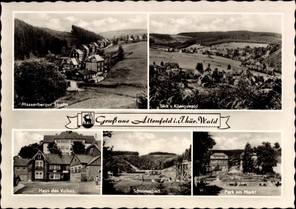 Postcard Altenfeld Thuringian Forest, Masserberger Straße, market, swimming pool, house of the people