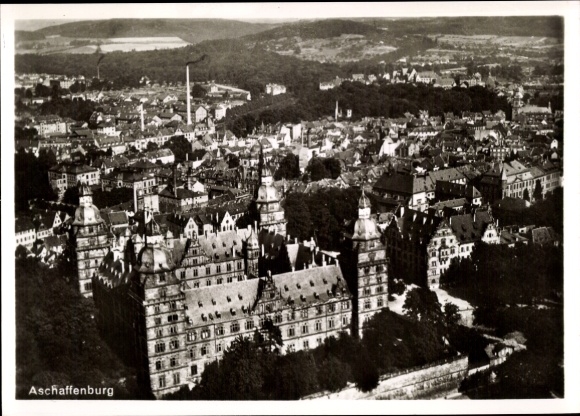 Postcard Aschaffenburg, aerial photograph of the castle