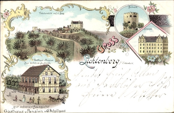 Chromo-Litho Lichtenberg Fischbachtal in the Odenwald, guest house with a beautiful view, bulwark, castle