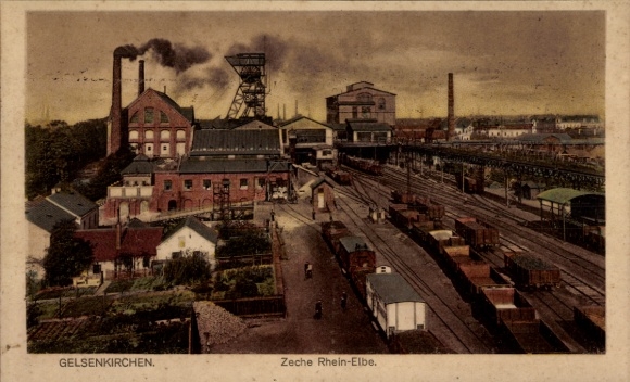 Postcard Gelsenkirchen in the Ruhr area, Rhein Elbe mine, train station, track side