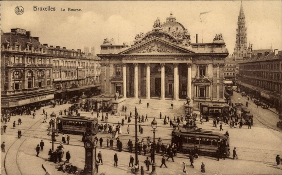 Postcard Brussels Belgium, stock exchange, tram