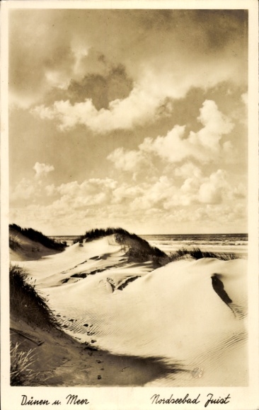 Postcard North Sea resort Juist in East Frisia, dunes, sea, clouds, North Sea resort Juist