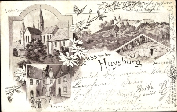 Chromo-Litho Huy am Harz, Huysburg seen from the Devil's Pulpit, monastery church, monastery courtyard