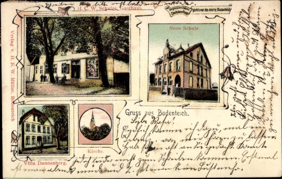Postcard Bad Bodenteich in the Lüneburg Heath, new school, Villa Dannenberg, inn, church