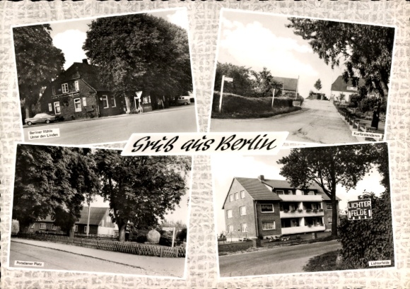 Postcard Berlin Seedorf in Schleswig Holstein, restaurant Berliner Mühle, street names, Potsdamer Platz