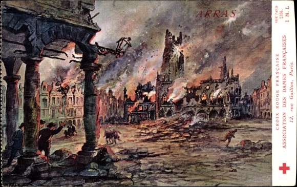 Artist PC Fraipont, G., Arras Pas de Calais, bombing from the place, destruction