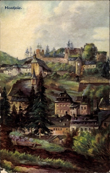 Artist Postcard Monschau Montjoie in the Eifel, castle ruins and monastery
