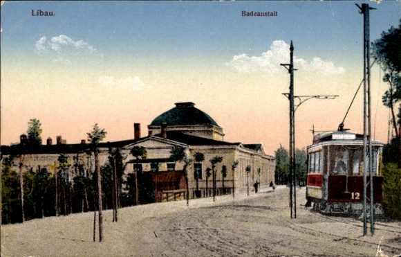 Postcard Liepaja Libau Latvia, bathing establishment, tram no. 12