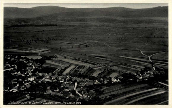 Postcard Lahr in Baden Black Forest, aerial view of Schutterzell, agricultural fields, mountains in