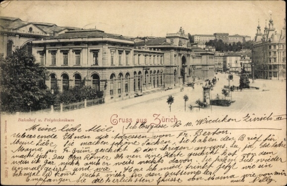 Postcard Zurich City Switzerland, Railway Station and Polytechnic