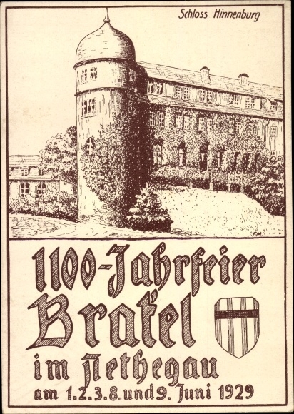 Artist Postcard Brakel in Nethegau Westphalia, 1100th anniversary 1929, Schloss Hinnenburg