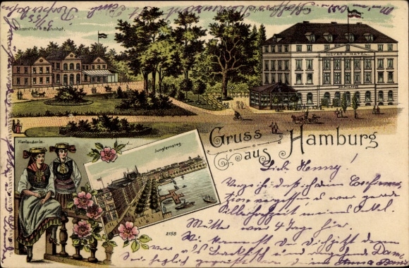 Chromo-Litho Hamburg, Hamburg costume, train station, hotel