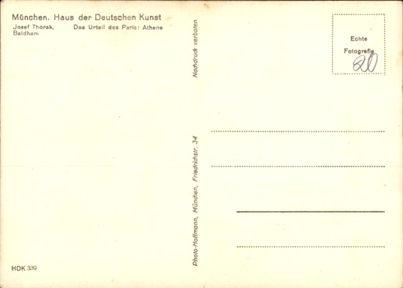Postcard sculpture by Josef Thorak, The Judgement of Paris, Athene, HDK 339