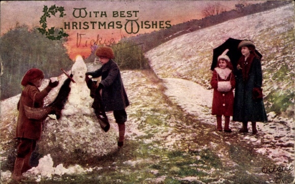 Ak Glückwunsch Weihnachten, Kinder bauen einen Schneemann