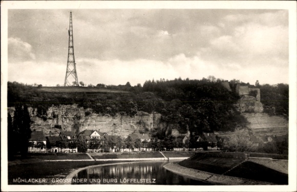 Postcard Mühlacker in the Enzkreis Württemberg, Löfelstelz Castle, transmission tower, river landscape