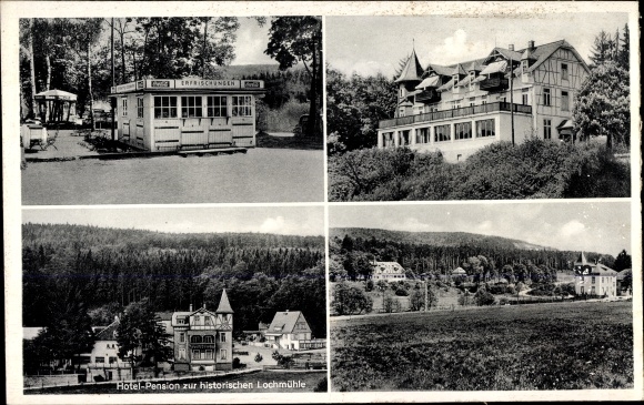 Postcard Köppern Friedrichsdorf im Taunus, Saalburg train station, pension z. historic Lochmühle, snack bar