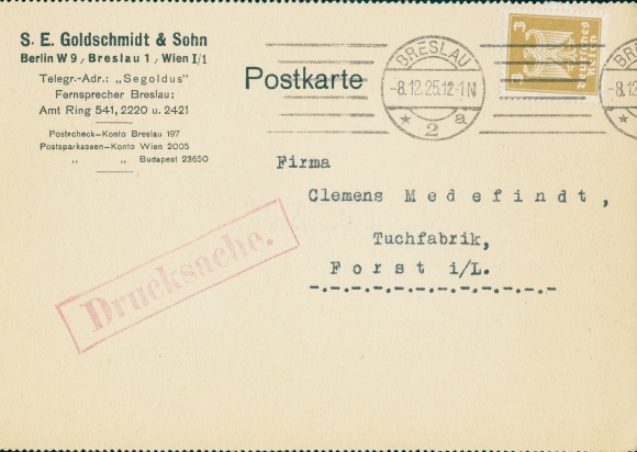 Judaia Ak Wrocław Breslau Schlesien, Brief, S. E. Goldschmidt & Sohn, Karlstraße 42