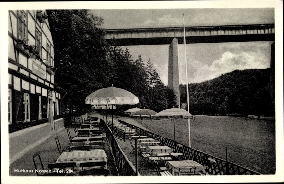 Postcard Nossen in Saxony, terrace of the Huthaus inn, bridge