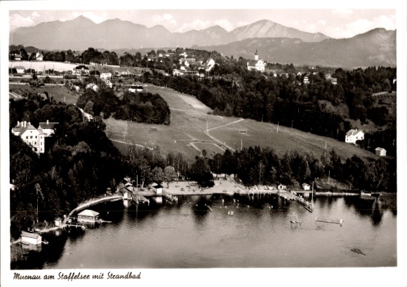 Postcard Murnau am Staffelsee, black and white photo, seaside resort, Staffelsee, mountains in the background