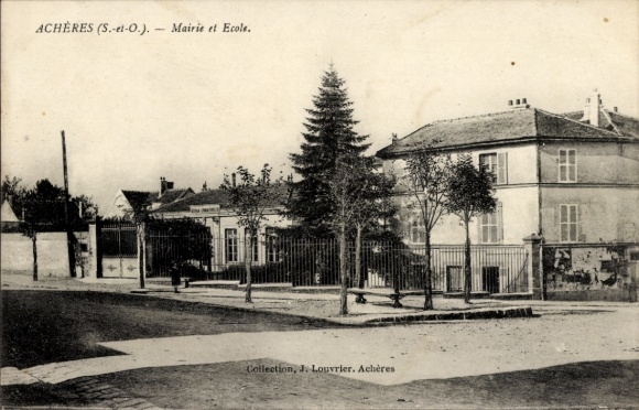 Postcard Acheres Yvelines, Mairie, Ecole, trees, street