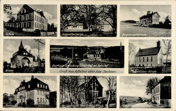 Ak Affalter Lößnitz im Erzgebirge, Schule, Jugendherberge, Kirche, Gasthof Habermann, Rathaus