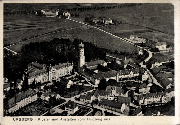 Postcard Ursberg in Swabia, aerial photograph, monastery, institutions