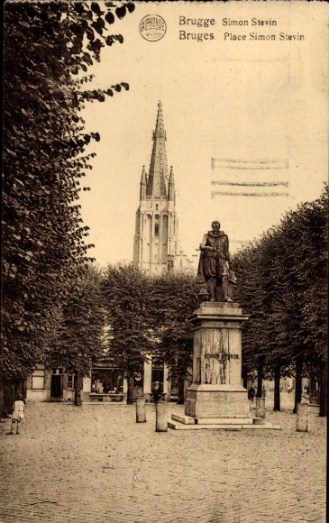 Ak Bruges Brügge Flandern Westflandern, Statue von Simon Stevin, Bäume, Platz Simon Stevin, Turm 