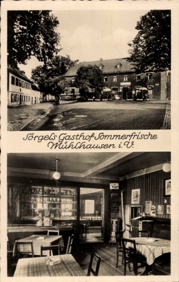 Postcard Mühlhausen Bad Elster Vogtland, Sörgels Gasthof, city view, interior of the inn, historic...