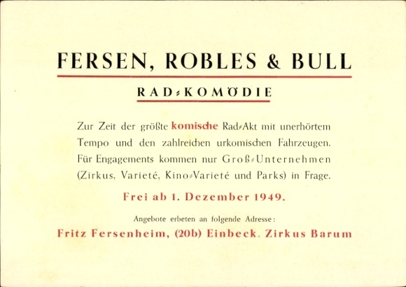 Ak Einbeck in Niedersachsen, Fersen, Robles & Bull, Rad-Komödie, Zirkus Barum, Fritz Fersenheim