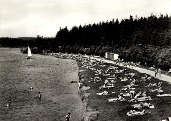 Ak Ehrenfriedersdorf im Erzgebirge, Badestrand Greifenbachstauweiher, viele Badegäste, Wälder im 