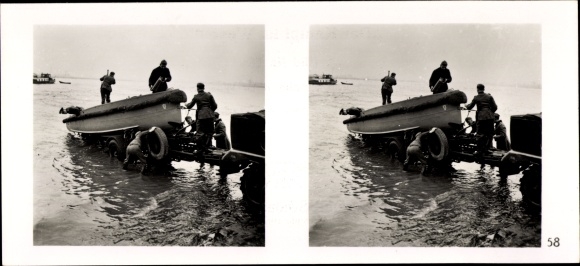 Stereo spatial image photo &quot;The Battle in the West&quot;, No. 58, motorboat being launched by pioneers
