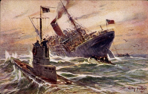 Artist Postcard Stöwer, Willy, Destruction of an English merchant steamer by a German submarine