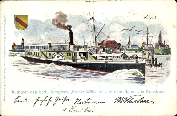 Künstler Litho Fuchs, Karl, Konstanz am Bodensee, Ausfahrt des Dampfers Kaiser Wilhelm aus dem Hafen