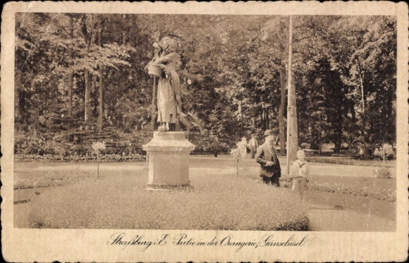Postcard Strasbourg Straßburg Alsace Bas Rhin, statue, children, park, orangery