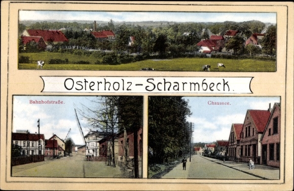 Ansichtkaart Osterholz Scharmbeck in Nedersaksen, Bahnhofstrasse, Chaussee, overzicht
