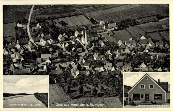 Postcard Marxheim in Swabia Bavaria, aerial view of Marxheim, church visible, small houses, Danube