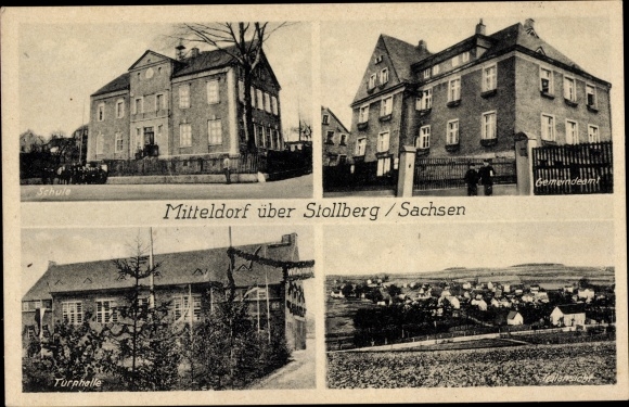 PC Mitteldorf Stollberg in the Ore Mountains, school, municipal office, gymnasium, general view