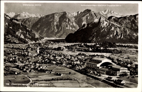 Postcard Oberammergau in Upper Bavaria, mountain landscape, Dreitorspitze, Nothkarspitze, Zugspitze, Oberammer