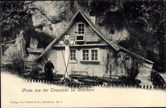 Postcard Dornach Canton Solothurn Switzerland, hermitage, wooden house, person in traditional clothing, Za