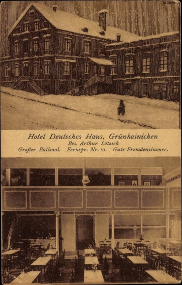 Postcard Grünhainichen in the Ore Mountains, Hotel Deutsches Haus, winter, hall