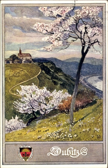 Artist Postcard Dubice Dubitz Řehlovice Großtschochau Region Ústí nad Labem, Dubitzer Church