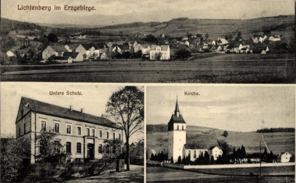Ak Lichtenberg im Erzgebirge,  Panorama, Untere Schule, Kirche